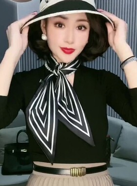 秋冬新款缎面字母丝巾小长条细窄发带女百搭围巾飘带丝带衬衫领巾