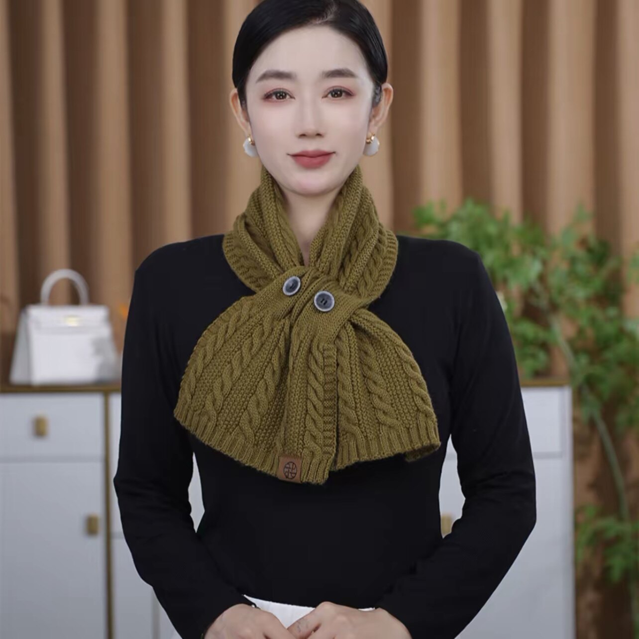 新款时尚百搭针织麻花男女通用加厚混纺羊毛纽扣保暖围巾气质高级