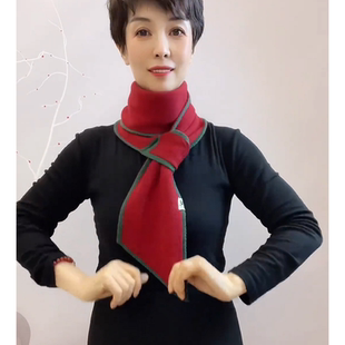 秋冬护颈针织小围脖保暖脖套双色双面领巾小长条撞色新年红耳朵巾