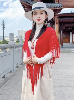 韩版纯色空调房外搭夏季旅游拍照贵妇斗篷三角镂空设计流苏披肩潮