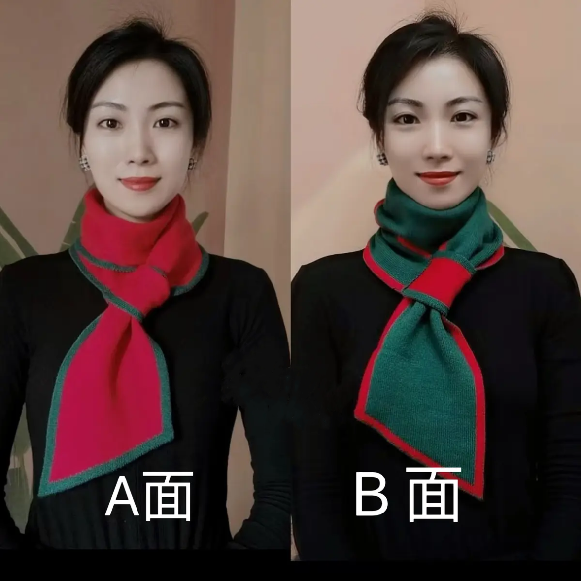 秋冬护颈针织小围脖保暖脖套双色双面领巾小长条撞色耳朵巾女人花