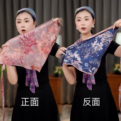 【蝶舞】罗纹缎三角巾印花国风复古百搭时尚气质女士围巾民族风