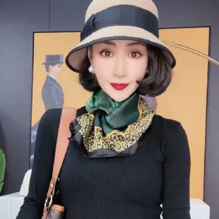 女士大方巾防真丝缎面祖母绿时尚内搭春秋百搭披肩墨绿气质围巾