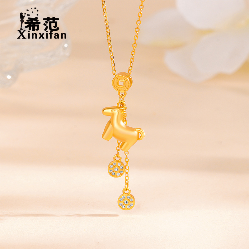 S925纯银马上有钱项链女小马吊坠流苏镶钻铜钱项链送闺蜜高级礼物