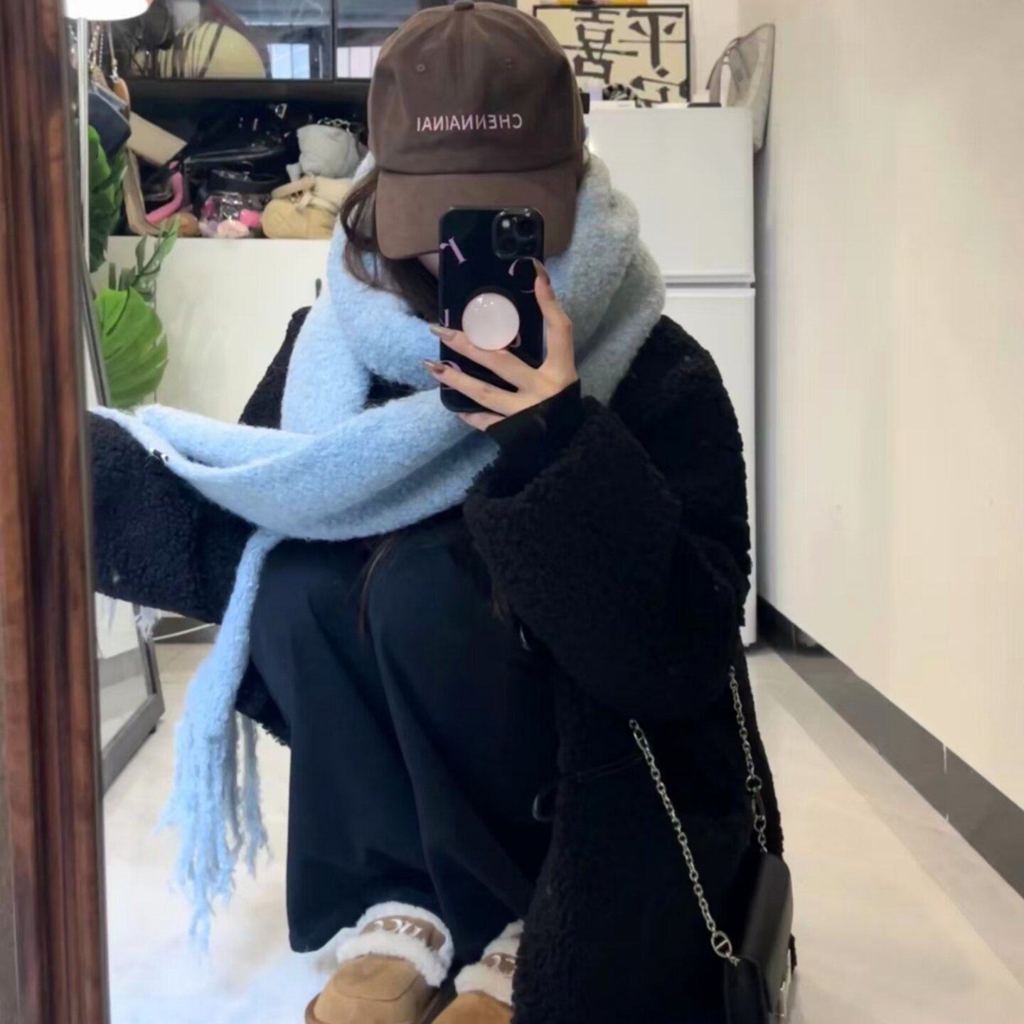 2025仿羊羔毛休闲百搭韩版皮草加厚牛角扣中长款黑色女大衣外套