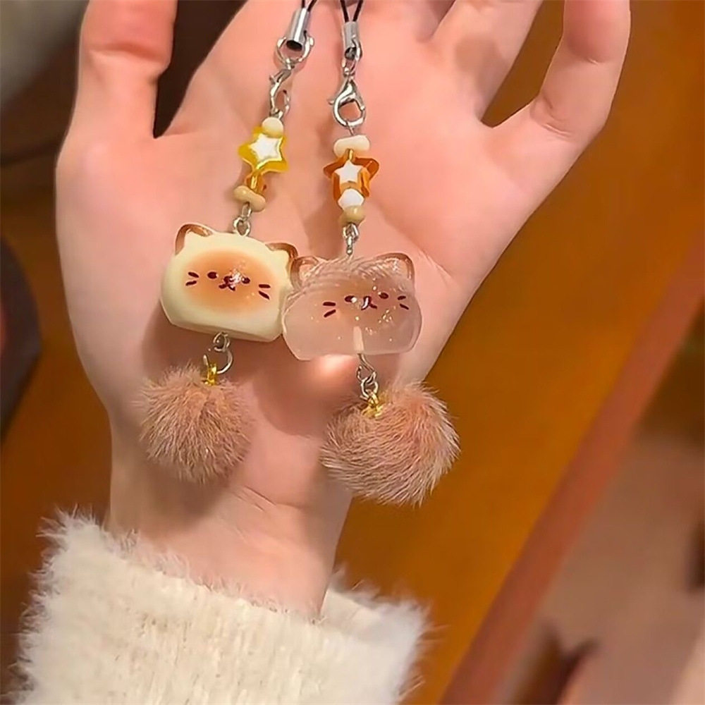 可爱卡通小猫钥匙扣毛绒球挂件透明萌系包包挂饰钥匙创意链饰品