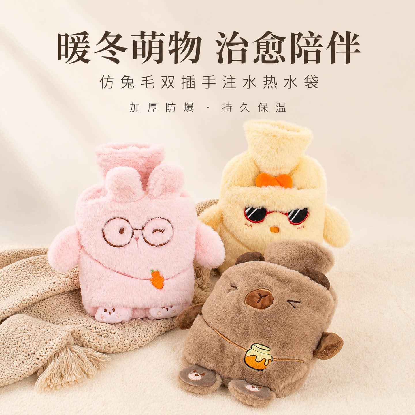 仿兔毛加厚注水热水袋可拆洗