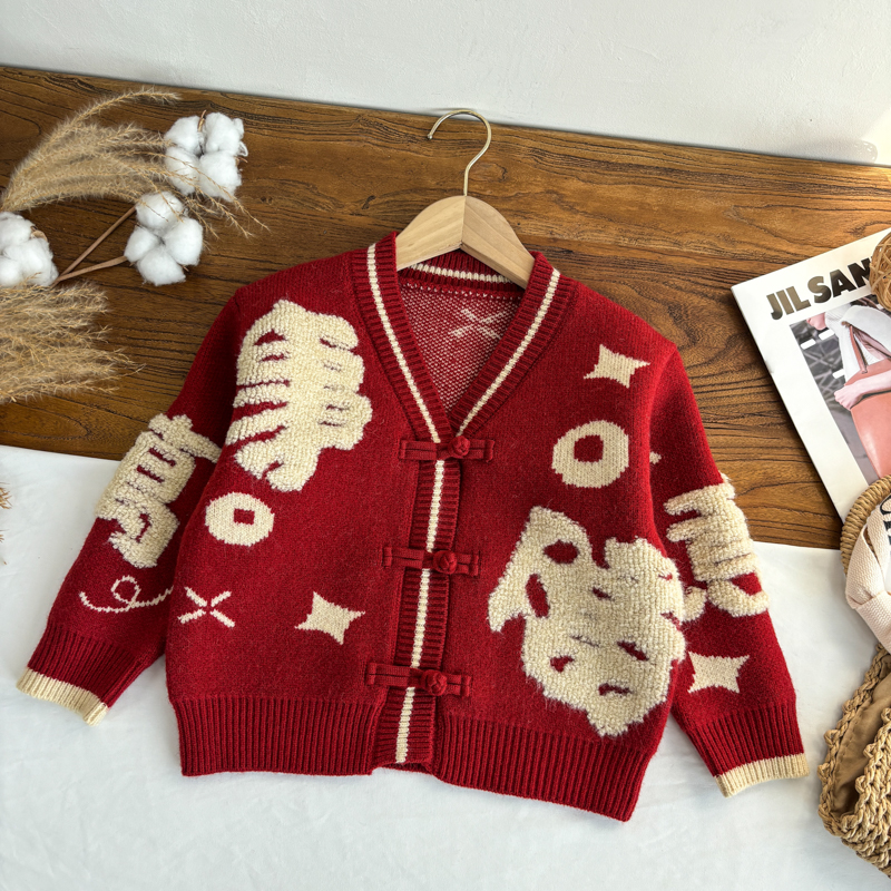 儿童针织衫秋冬款宝宝毛衣冬季加厚男童红色冬装上衣小童开衫外套