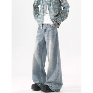 潮牌水洗浅蓝色弯刀牛仔裤男款高街vibe宽松休闲百搭直筒阔腿裤子