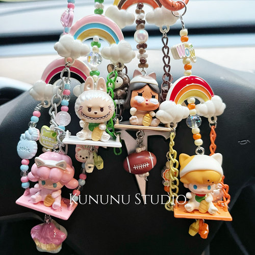 泡泡正版萌粒招财猫拉布布哭娃Dimmo潘神合金秋千车挂车饰送香片