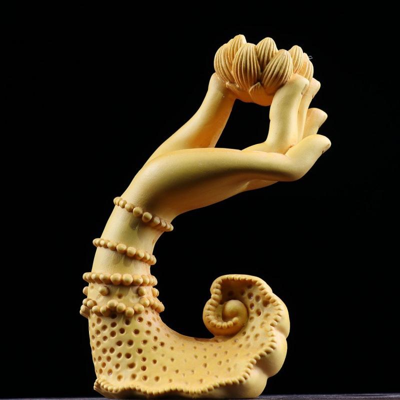 黄杨木雕莲花手家居禅意摆件 莲花香插茶道文玩手把件工艺礼品
