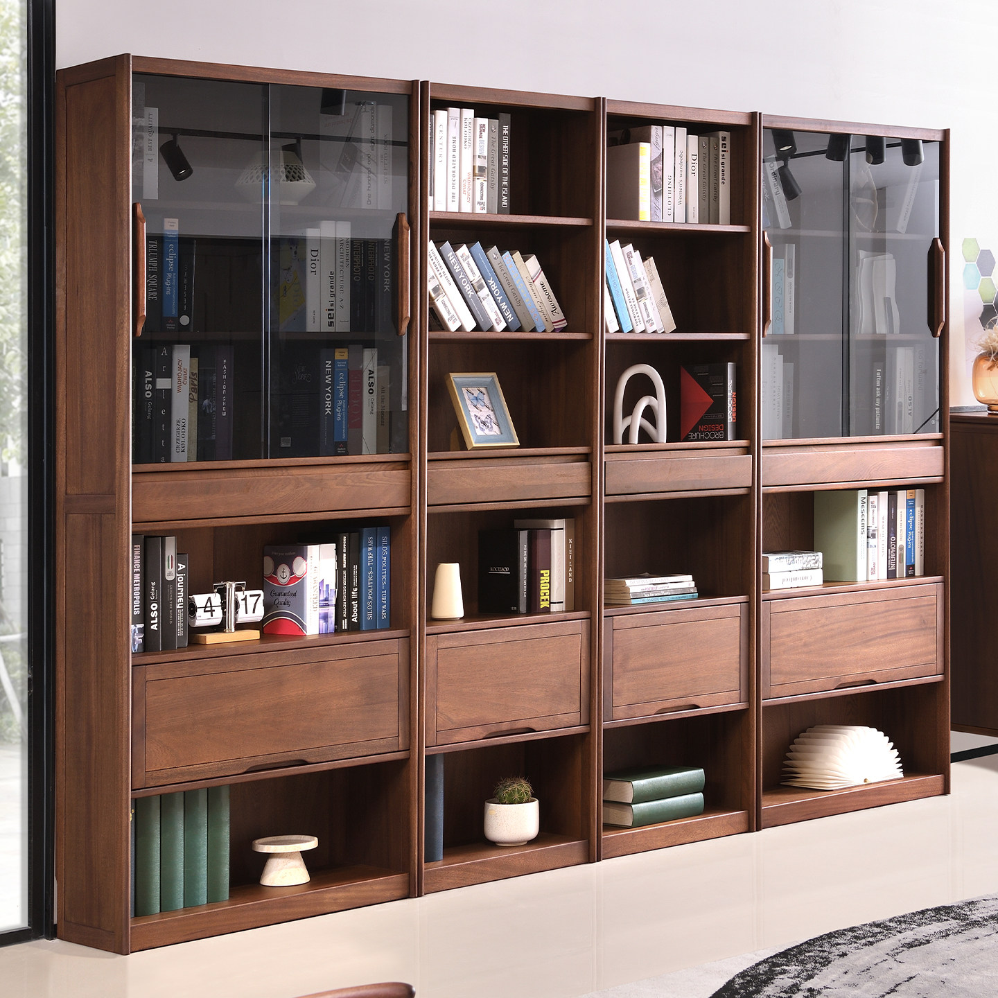 现代简约满墙书柜全实木展示柜核桃木落地置物架一体整墙储物柜