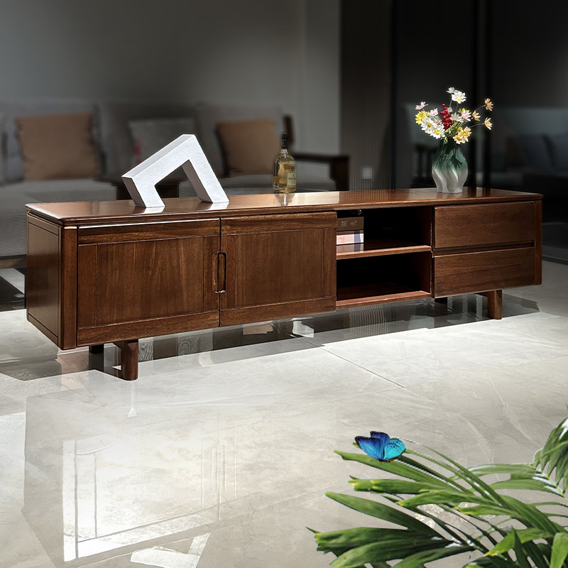 全实木电视柜客厅家用小户型简约现代胡桃木地柜2米落地储物柜