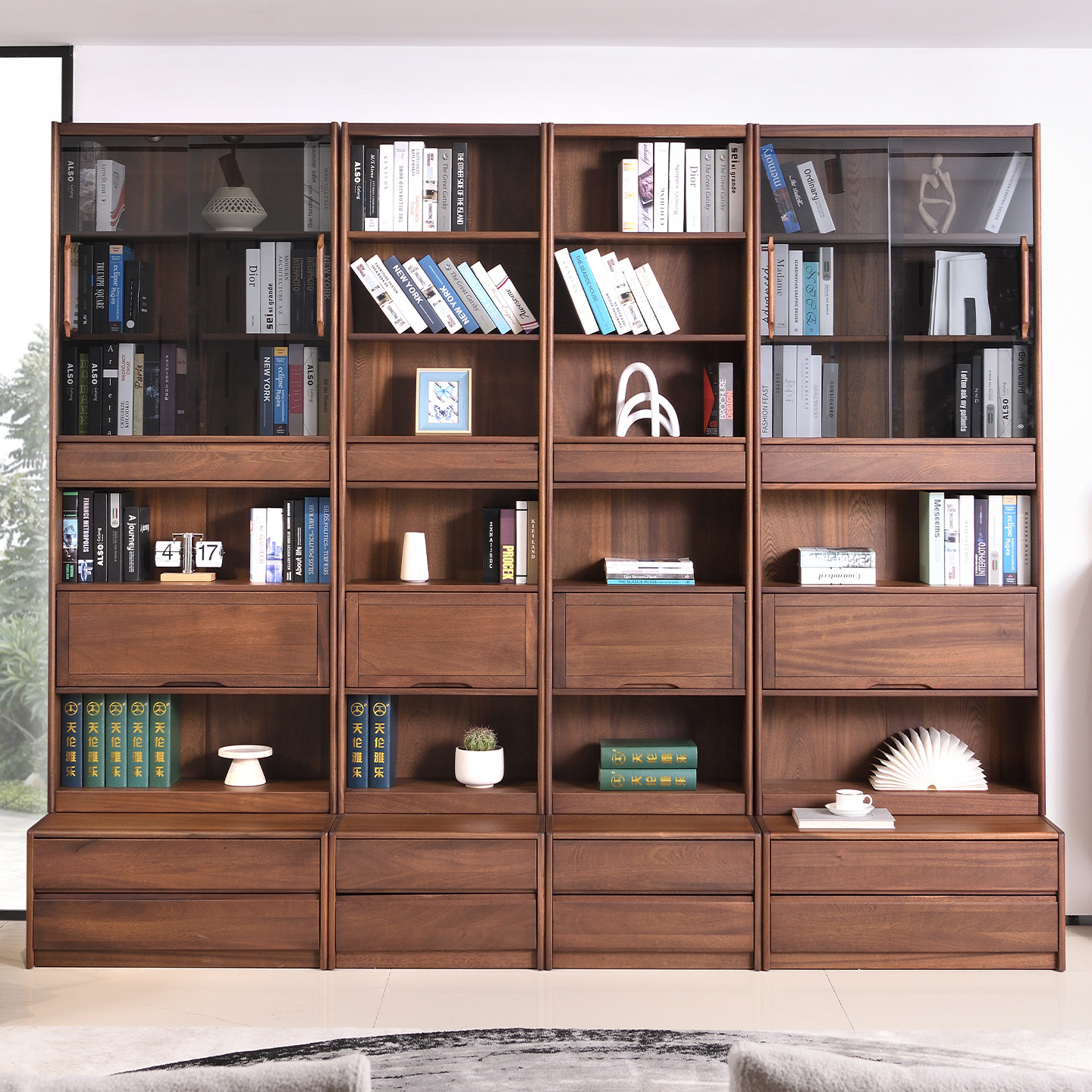 现代简约全实木书柜卡座一体整墙置物架去客厅化落地满墙储物柜