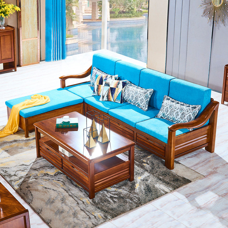 现代中式全实木沙发转角小户型客厅家具金丝胡桃木带储物三人位