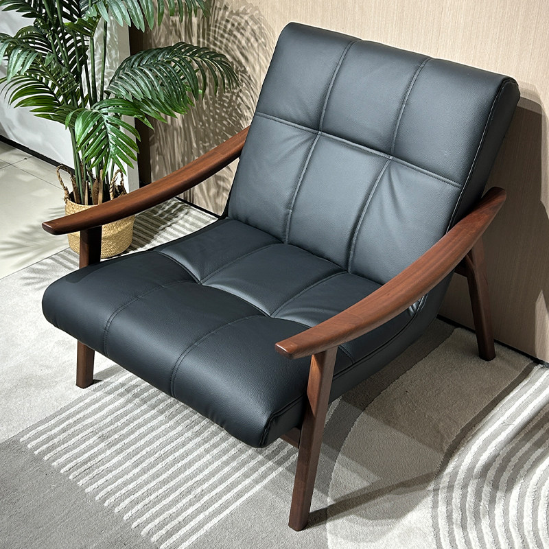 现代简约轻奢真皮单人沙发椅阳台休闲椅全实木软包椅子懒人躺椅
