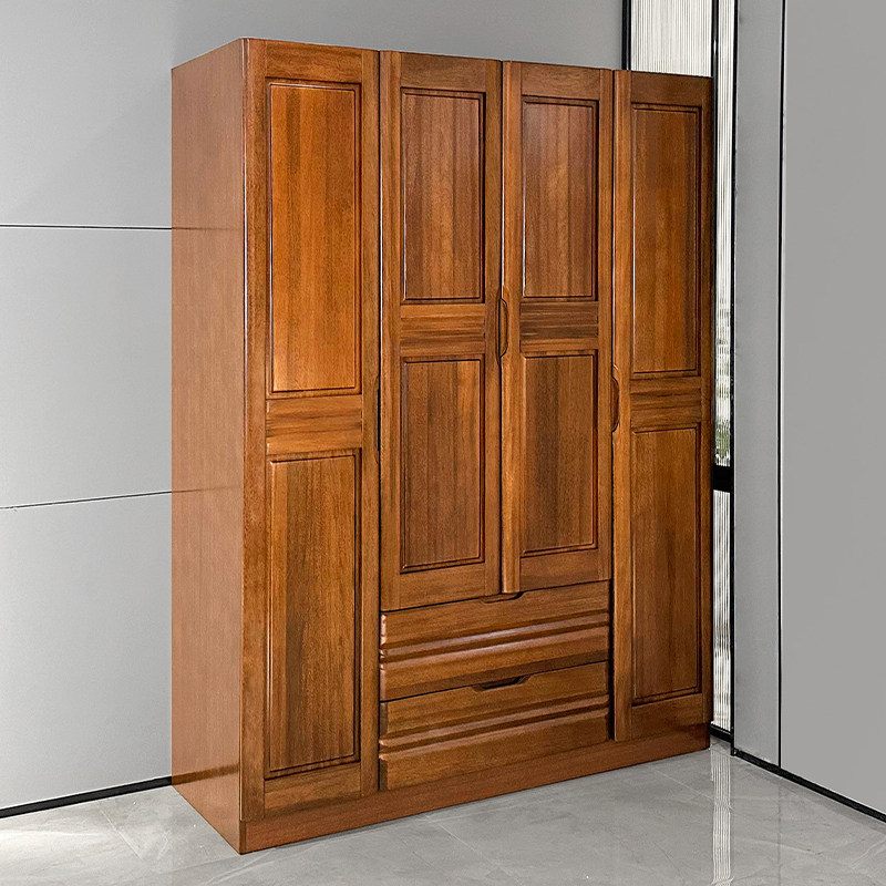 全实木四门衣柜家用卧室胡桃木新现代中式对开门大衣橱收纳定制