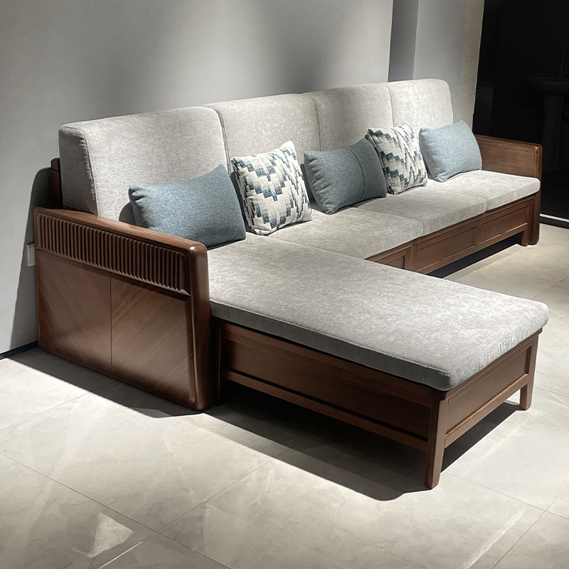 胡桃木简约现代沙发客厅家用储物小户型全实木沙发单两三四人直排