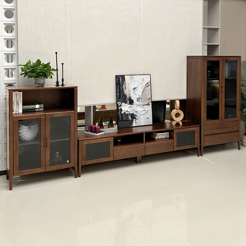 全实木电视柜茶几组合简约现代胡桃木客厅家用收纳边柜高低立柜