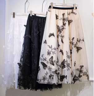 2020新款重工多层次纱裙女高腰显瘦网纱半身裙蝴蝶刺绣仙女长裙