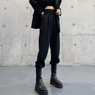 高腰显瘦垂感阔腿裤 女春季 宽松束脚设计感小众加绒黑色高级 裤 西装