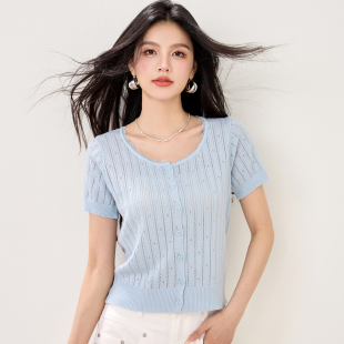 冰丝短袖t恤女装2026新款夏季薄款镂空针织衫 小个子高腰短款上衣
