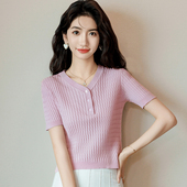 小个子高腰别致配半身裙 v领冰丝短袖 针织衫 夏修身 上衣 t恤女短款