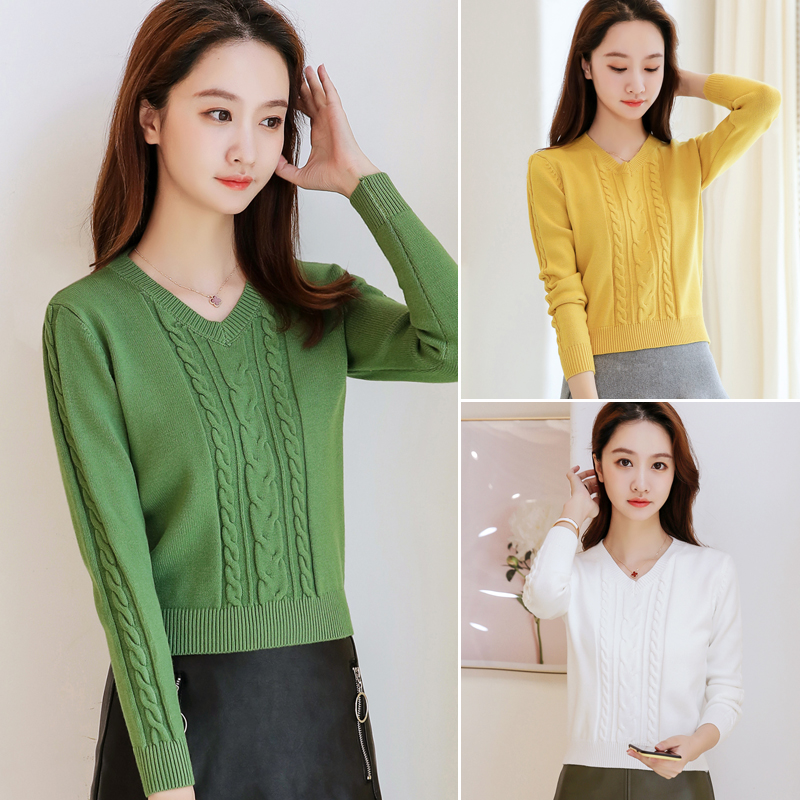 秋冬麻花v领毛衣女套头短款针织衫 气质小个子上衣修身内搭打底衫