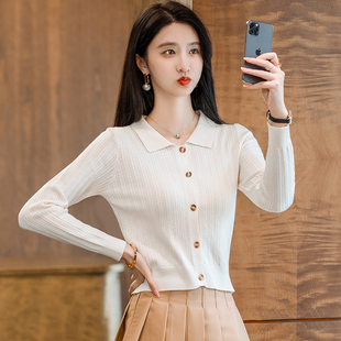 女装 女薄款 2025新款 针织衫 镂空翻领毛衣小个子上衣 polo领短款 秋季