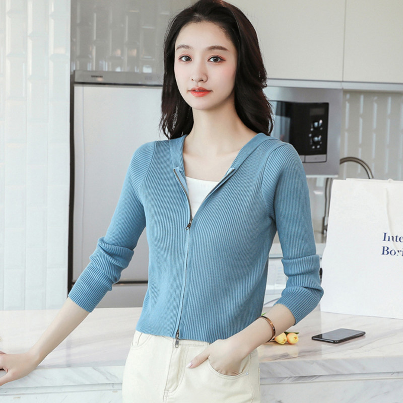 连帽针织开衫女薄款短款毛衣外套图片