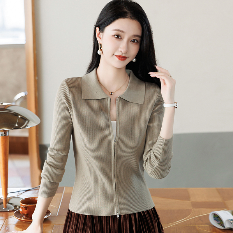 polo领薄款针织衫女短款长袖开衫