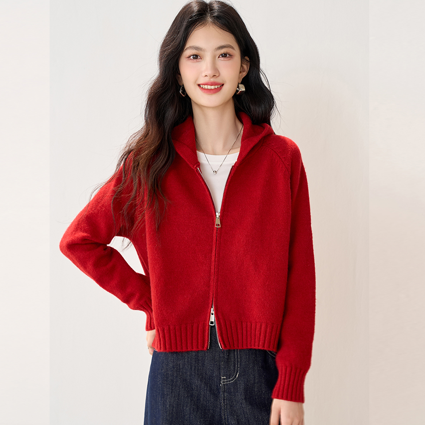 连帽短款毛衣外套女秋冬加厚洋气