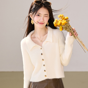 水貂绒短款毛衣外套女款2026新款秋冬洋气小个子翻领韩系针织开衫