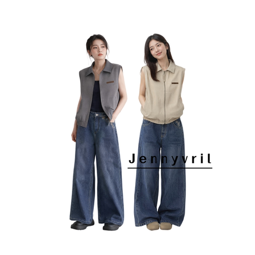 Jennyvril休闲翻领拉链植绒马甲
