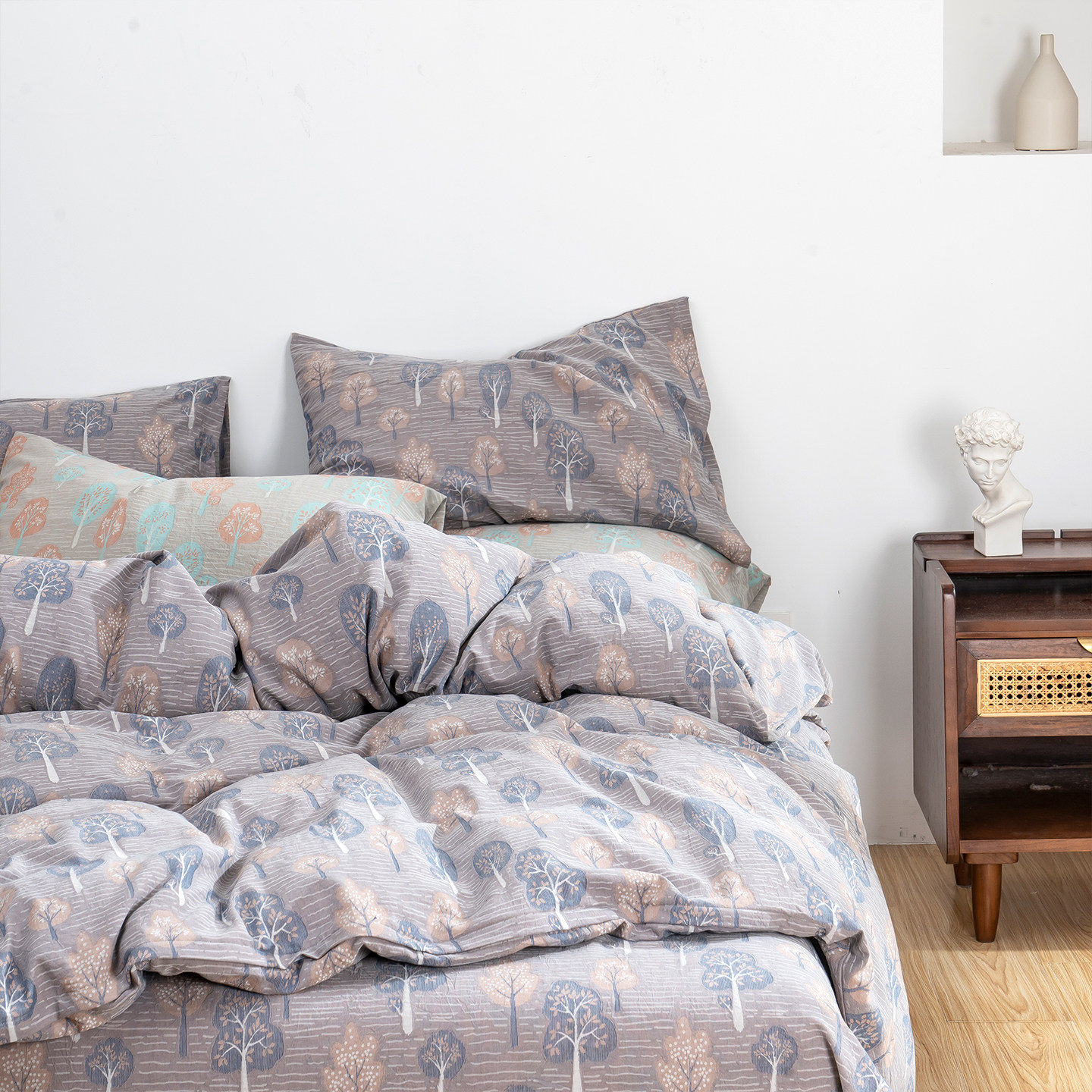 羽亲60支色织水洗棉提花四件套纯棉被套全棉床单床上用品