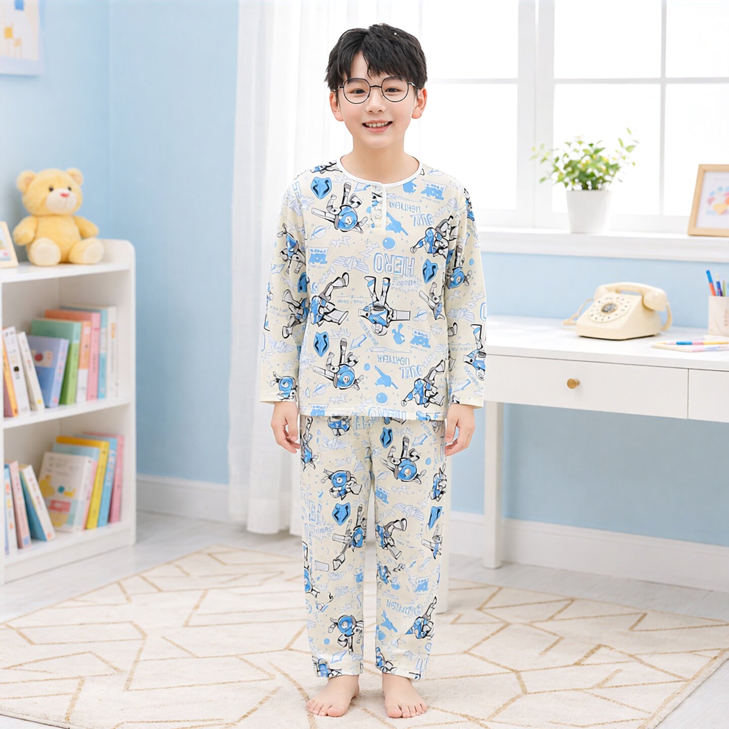 夏季儿童睡衣棉绸薄款男女童长袖小孩子空调服卡通绵绸家居服套装