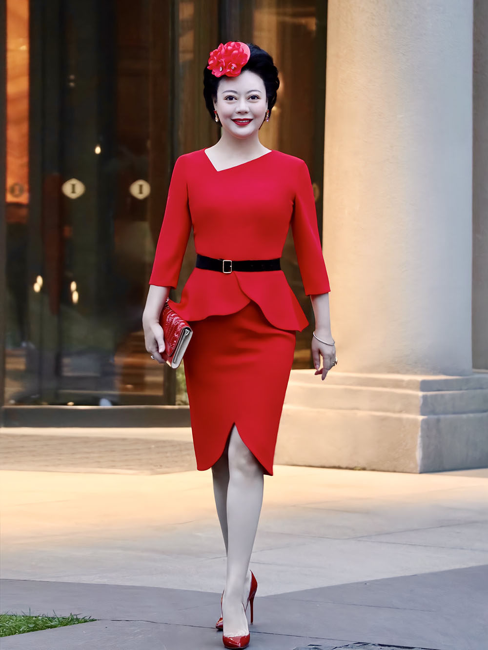 正红色不对称连衣裙婚礼妈妈装礼服旗袍上海明星设计师高端定制