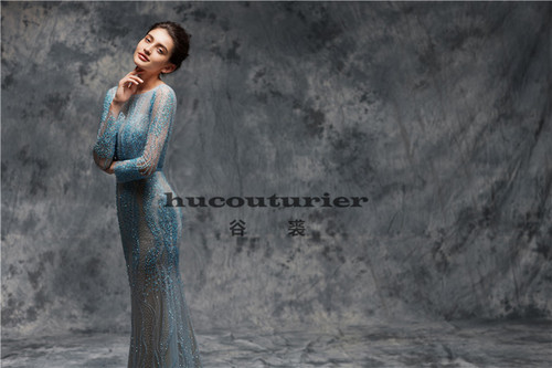 谷裘原创浅蓝色手工珠钻鱼尾婚礼艺考演出声乐礼服定制婚礼妈妈