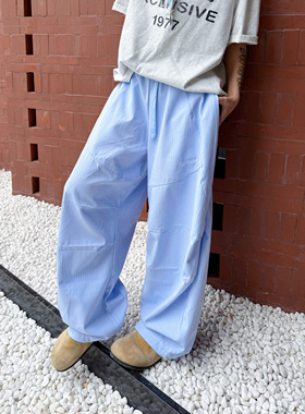 coolfish冻鱼集市 ins休闲日系蓝色条纹弯刀褶皱设计阔腿休闲裤