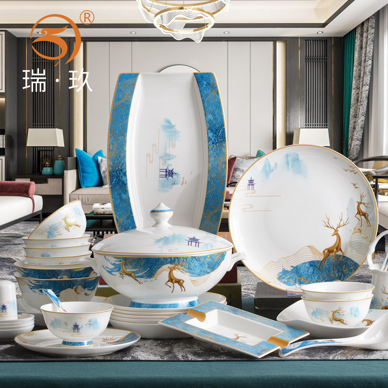 中式家用碗盘组合骨瓷60头餐具套装碗碟整套乔迁结婚礼物餐具礼盒