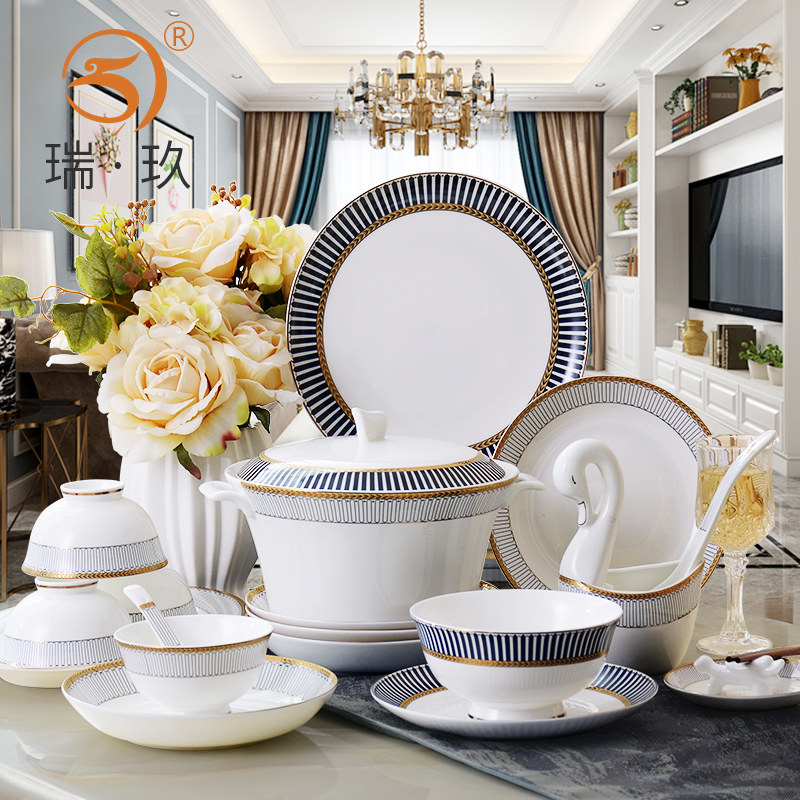 家用碗碟套装 28头骨瓷餐具套装北欧风六人餐具碗盘子组合可微波