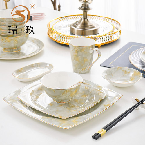 轻奢骨瓷大理石纹一人食餐具