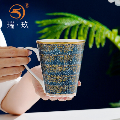 轻奢浮雕金杯子马克杯家用骨瓷咖啡杯奶杯陶瓷大容量水杯礼盒送礼