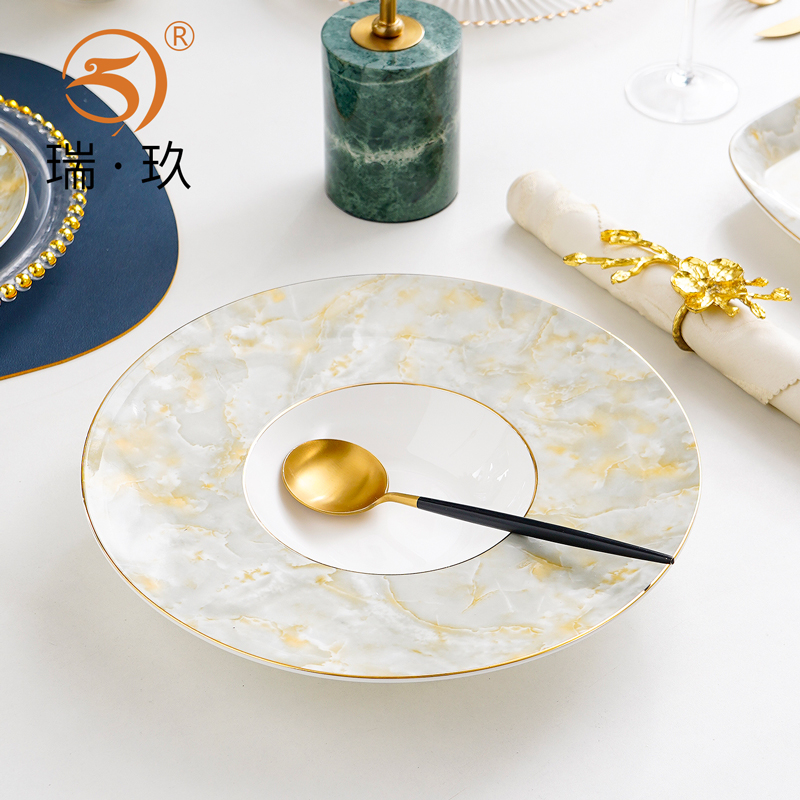 家用骨瓷创意描金草帽盘意面盘