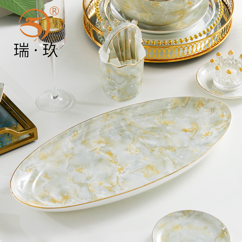 18英寸大号家用骨瓷椭圆长条带鱼盘酒店饭店私房菜餐具加长鱼盘子