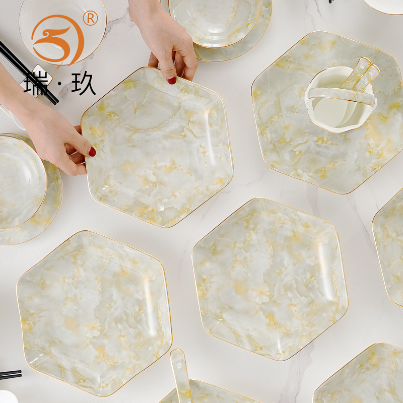 骨瓷家用多个装拼盘创意轻奢六边深盘菜盘聚会家宴圆桌餐具组合