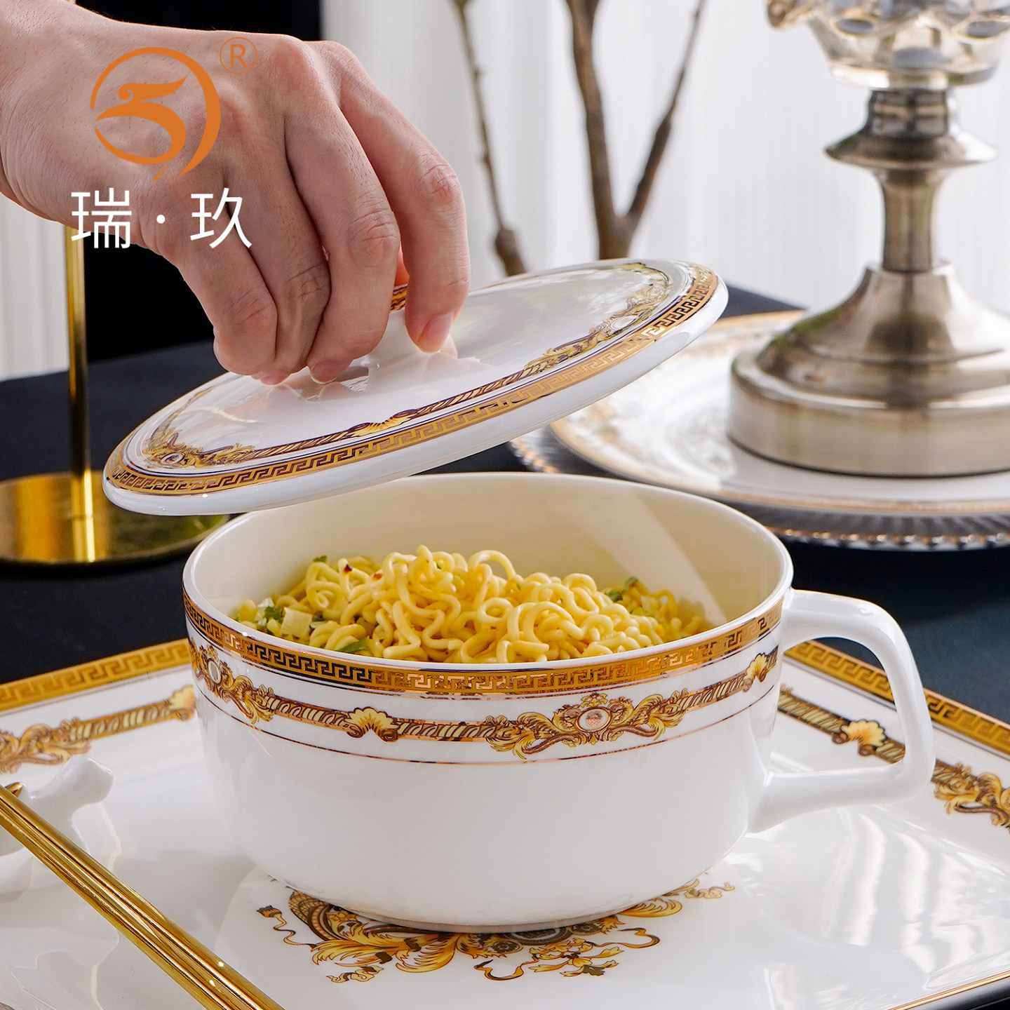 家用骨瓷带盖带手柄泡面碗保鲜汤碗欧式可微波大号面碗打饭碗瓷碗