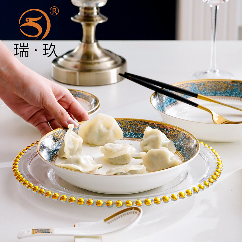 轻奢骨瓷大号饺子盘沥水双层盘家用8英寸菜盘深盘酒店陶瓷水果盘