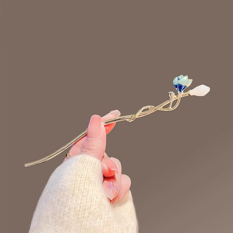 新中式蓝莲花簪子女小众古风发钗