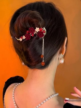 古风梅花流苏后脑勺盘发神器一字夹发夹女古风扭扭夹新娘晚礼头饰